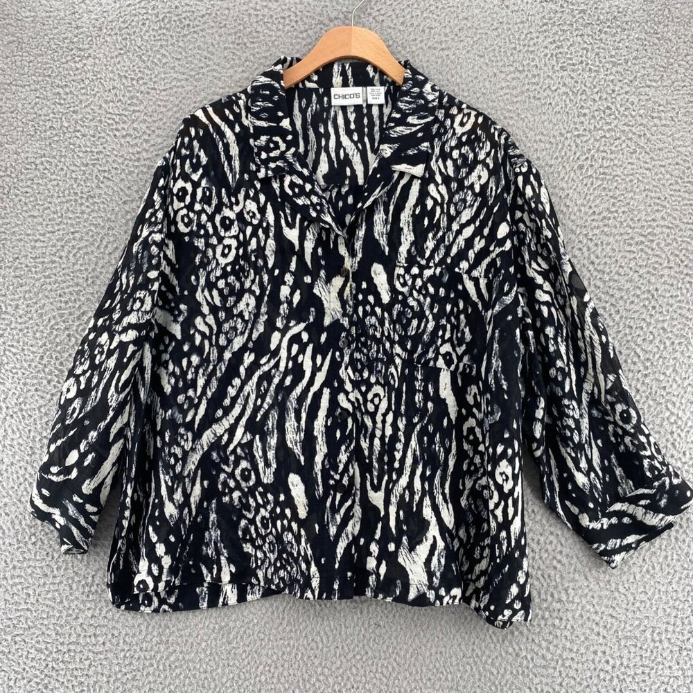 Chicos Top Womens 3 US Extra Large Black Animal Print Linen Silk Button Collar